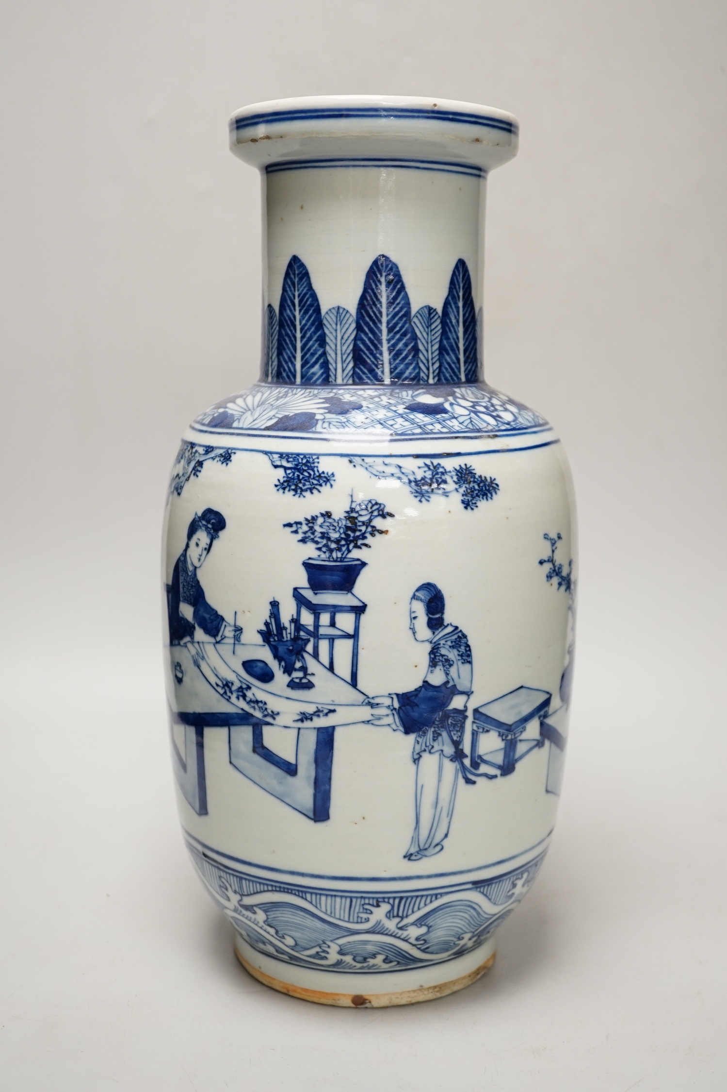 A Chinese blue and white rouleau vase painted with figures, 39cm (a.f.)